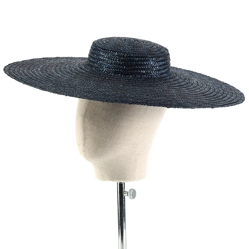 15cm Wide Brim Straw Hat Flat Top Summer Beach Hats for Women Ribbon Boater Hat Sun Hat Gray Black Red Pink Blue With Chin Strap