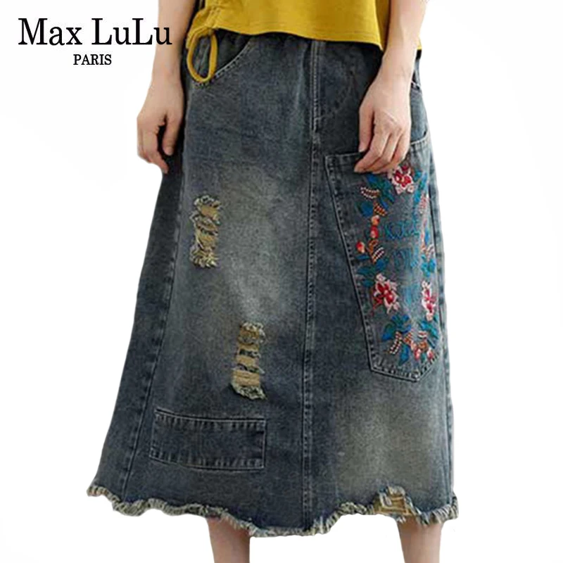 Max LuLu Korean Fashion 2021 Female Ripped Denim Skirts Womens Bleached Vintage Skirt Ladies Embroidery Elastic Clothes Big Size