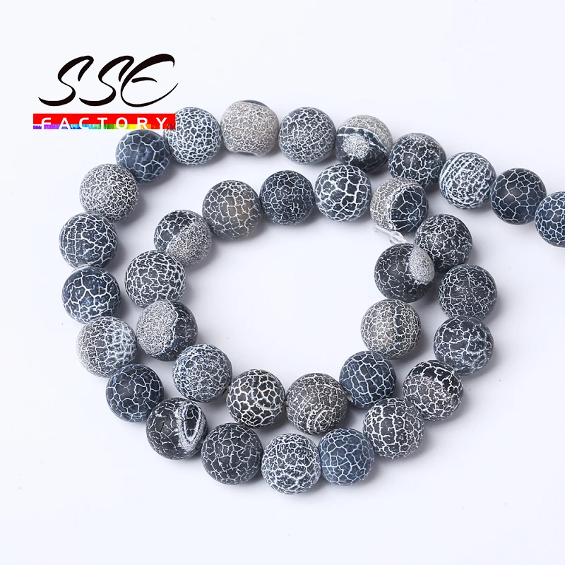 Round Frost Cracked Black Crab Agates Beads Natural Loose Beads For Jewelry Making DIY Bracelets Necklaces 15\'\' 4/6/8/10/12mm