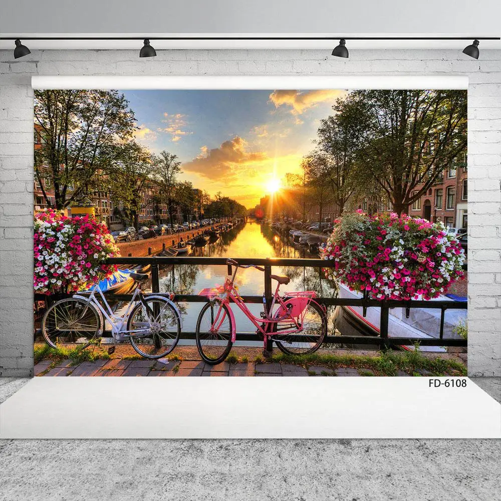 River Building Street Bike Flowers Sunlight Photography Background Vinyl Backdrop for Children Baby Scenic Photocall Fond Photo