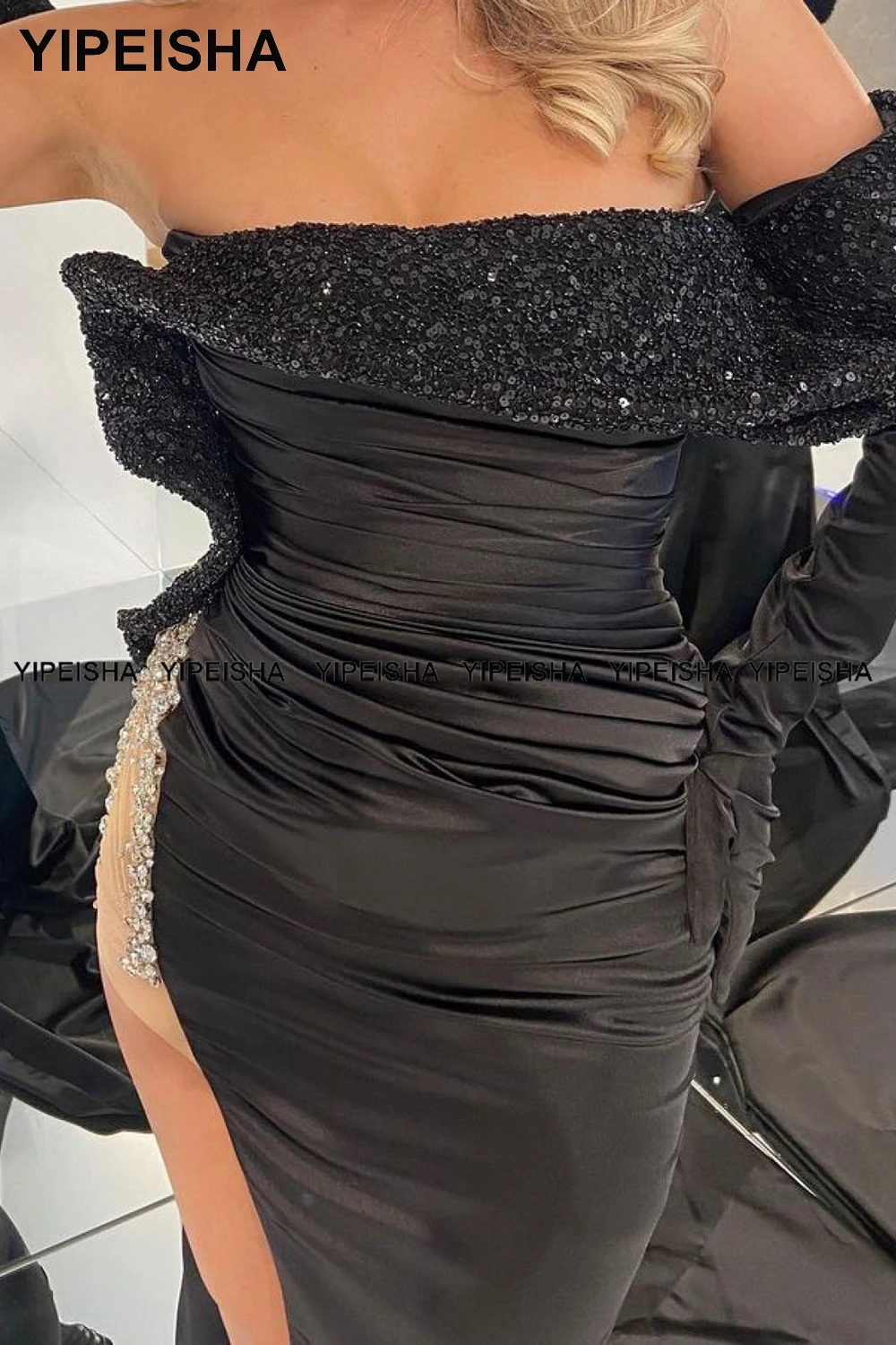 Yipeisha – robe de soirée de forme sirène, tenue de soirée noire très perlée, paillettes, blanche, arabie saoudite, fente latérale, 2022