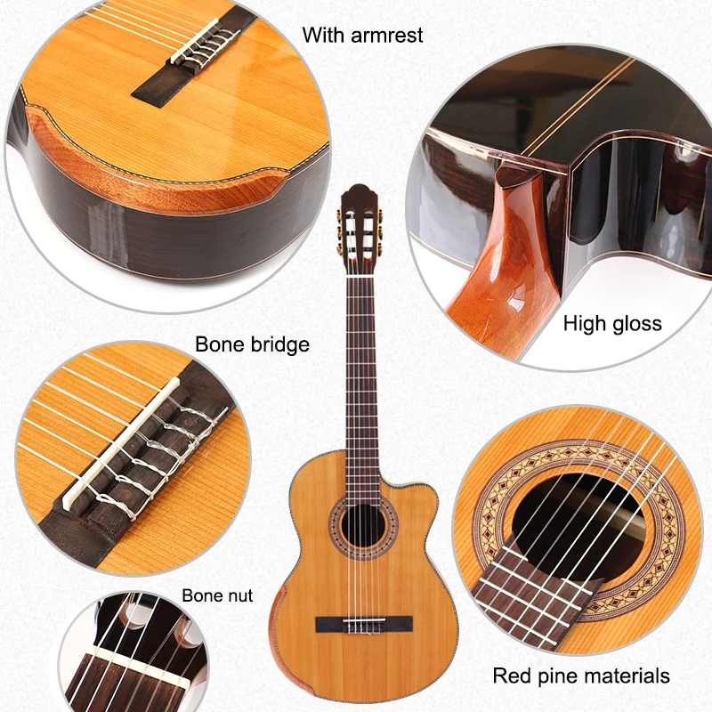 39 Inch High Gloss Solid Red Cedar Classic Electric Guitar 6 String 19F Classical Guitar Natural Clolor with Armrest Bone Nut