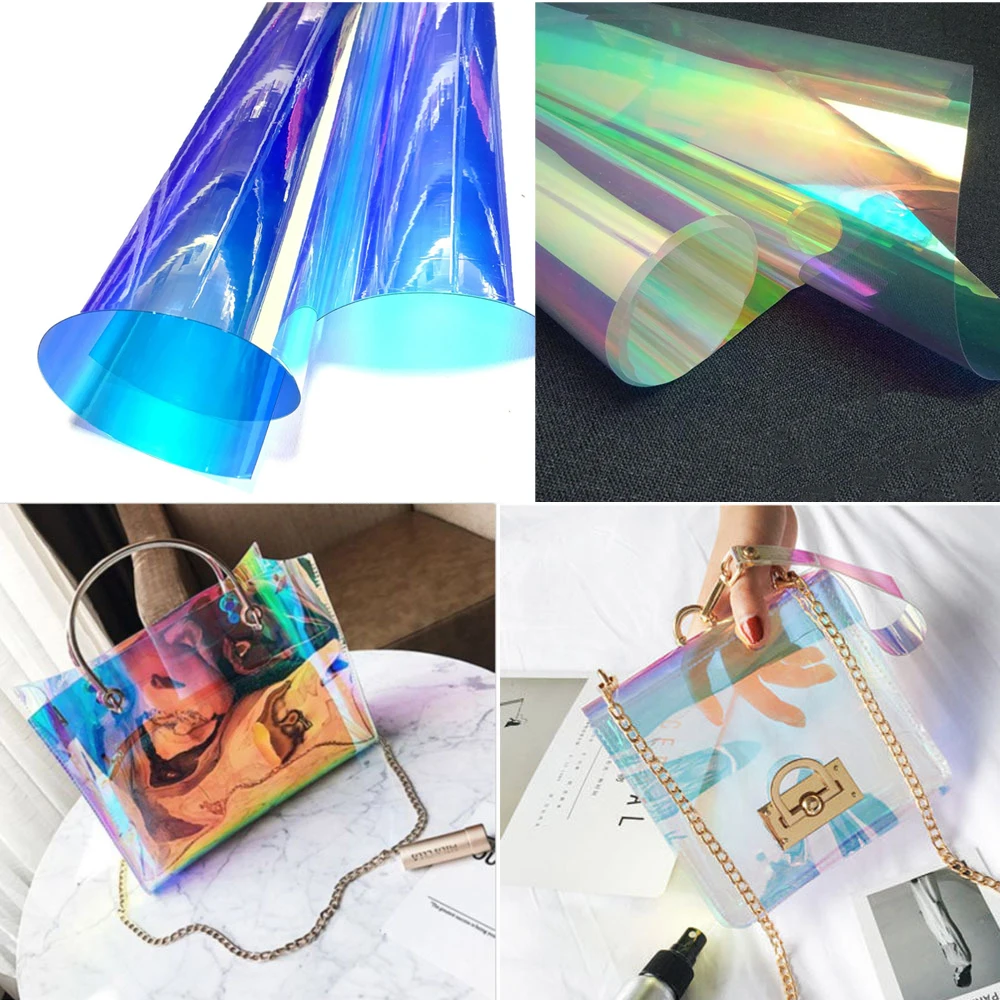 Transparent PVC Laser Iridescent Holographic Film Clear Fabric Leather Rainbow Film Shiny Vinyl Material DIY Bow Craft Bag