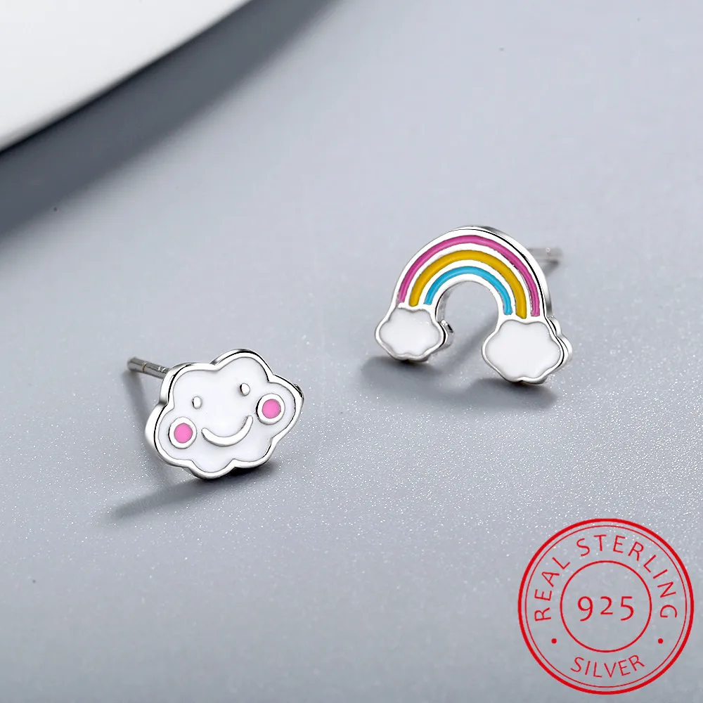 Boucles d'Oreilles en Argent Sterling 925 Pur pour Femme, Mignonnes, Coréennes et Japonaises, Percées, Arc-en-Ciel, pour Enfants