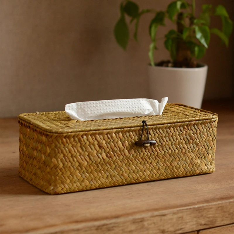 Rattan Tissue Box Cover Rectangular Napkin Case Woven Napkin Paper Container Home Car Napkins Holder Ofiice Home Organizer