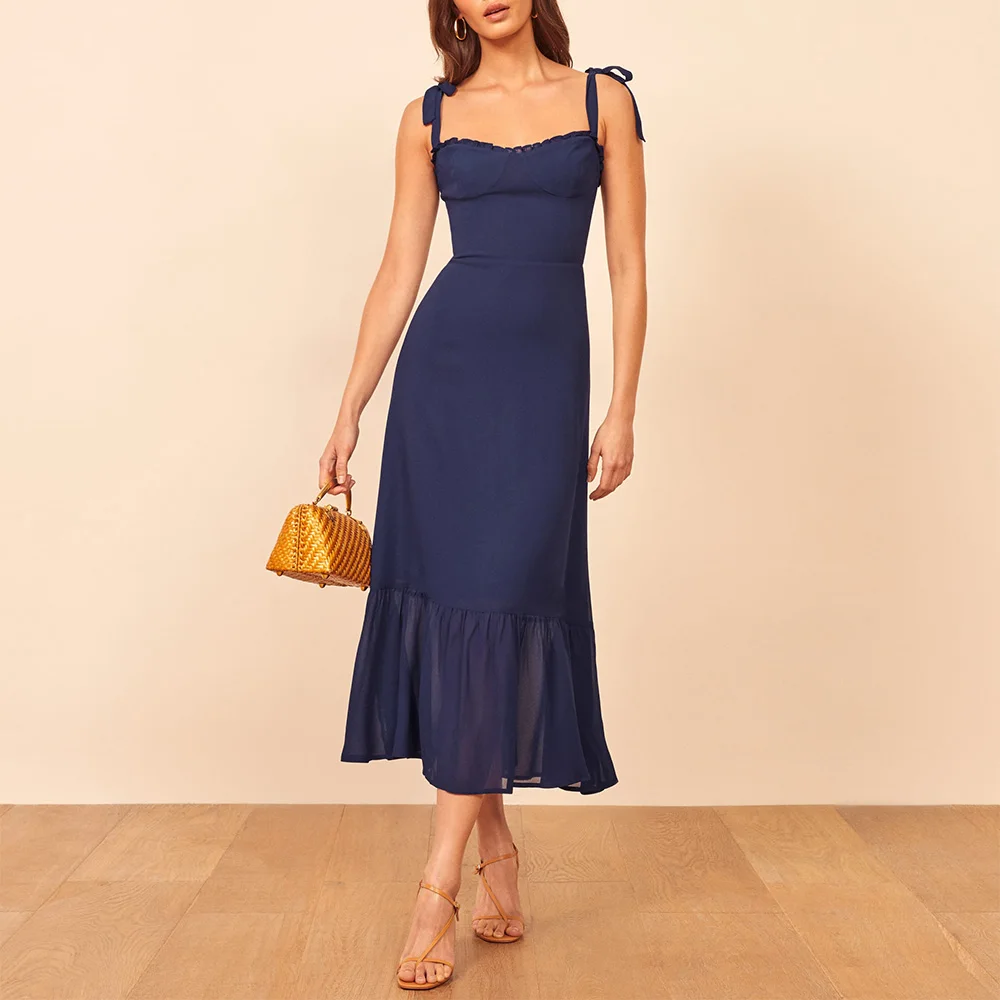 

Dresses For Women 2021 Solid Color Ruffle Hem Elegant Party Dress Sweetheart Neck Spaghetti Strap Tie Sexy Summer Midi Dress