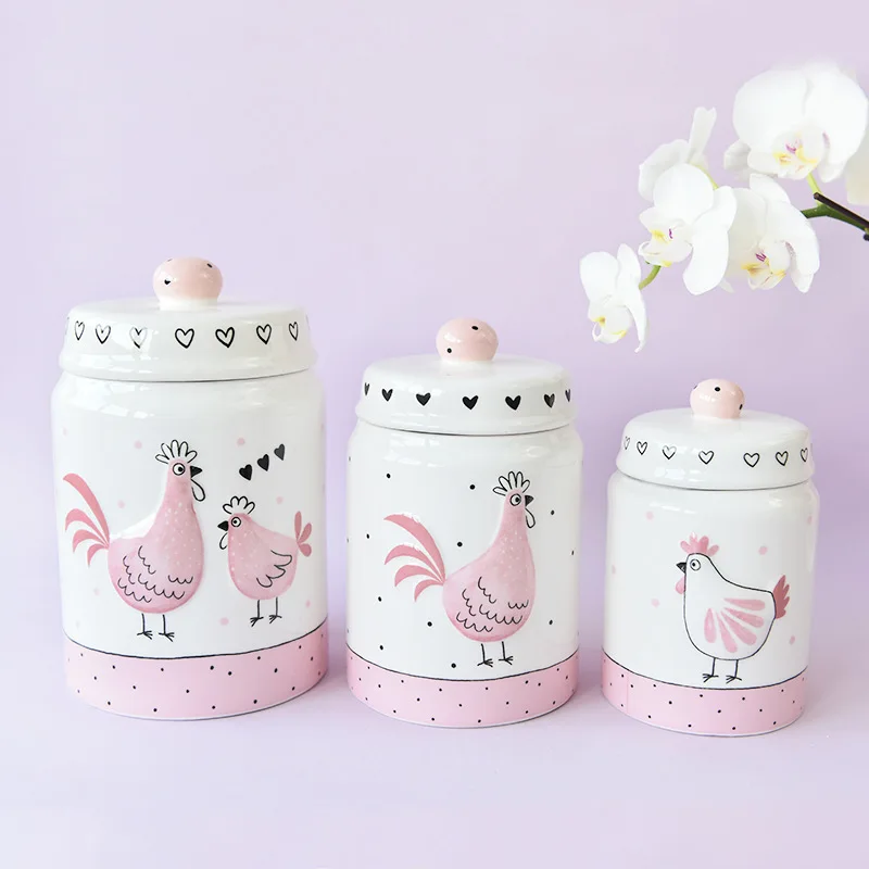 High quality elegant pink gold-plated embossed chicken cute sealed cans storage cans biscuits tea large medium and small ceramic