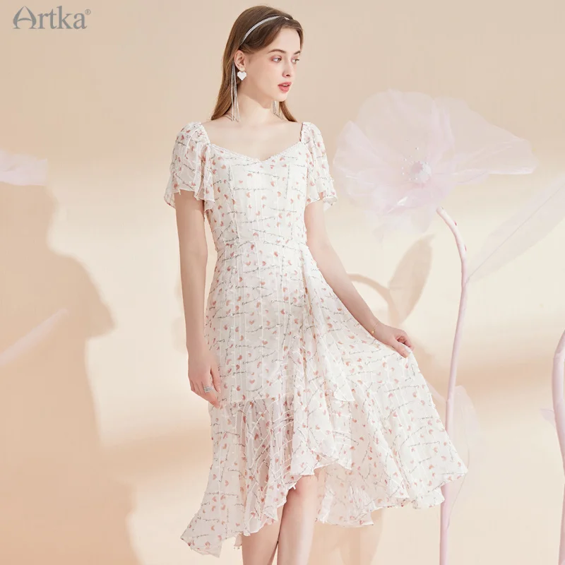 ARTKA 2021 Summer New Women Dress French Vintage Square Collar Chiffon Dresses Short Sleeve Ruffles Floral Midi Dress LA25314X