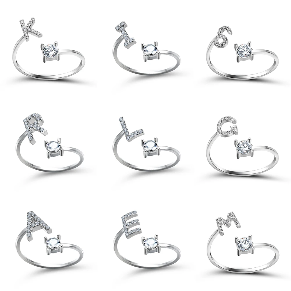 Kreative A-Z Alphabet 26 Brief Ringe Personlity Initial Name Offene Ringe Silber Farbe Strass Finger Ring Partei Schmuck Geschenk – Detail 1
