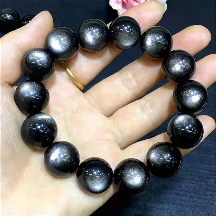 Echte Natuurlijke Zilver Obsidiaan Flash Armband Vrouwen Mannen Stone Stretch Ronde Kralen Crystal 10mm 11mm 12mm 13mm 14mm 15mm AAAAA