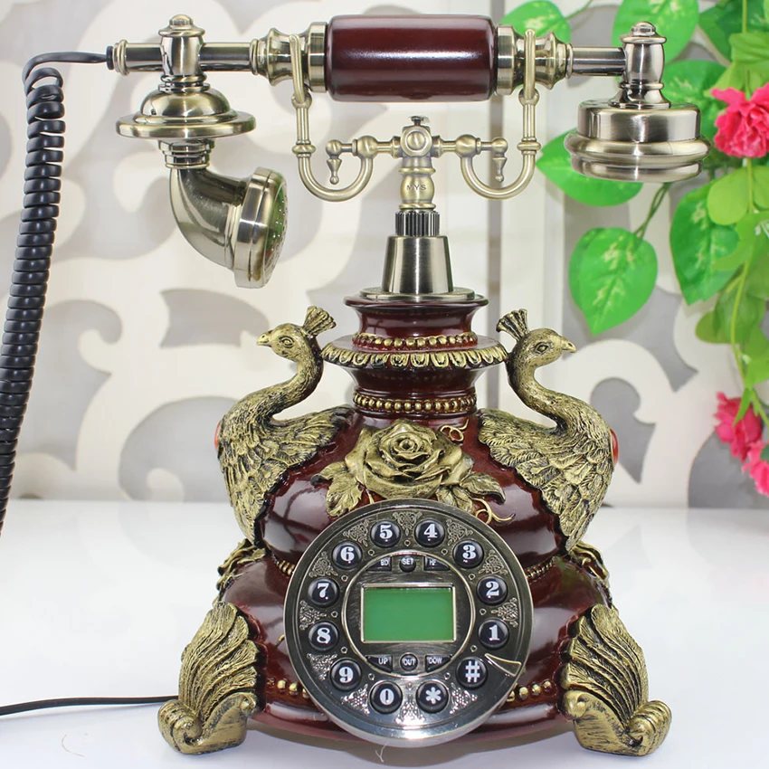 Vintage Antique Button Dial Desk Telephone Phone Home Living Room Decoration, with Blue Screen, Handsfree Calling, Caller ID