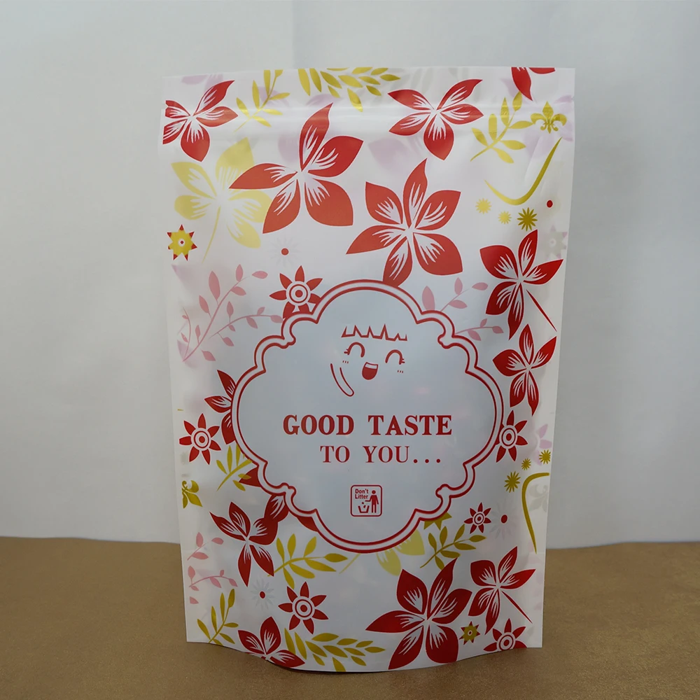 Red Flower Printed Zipper Bag 100pcs Stand Up Matte Transparent Plastic Zip Pouch Peanut Storage Rose Flower Tea Packing Pocket