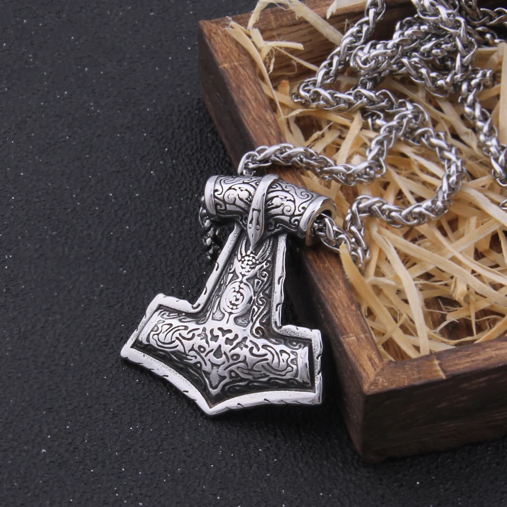 Viking Thor Hammer Mjolnir Necklace Stainless Steel Norse Mythology Amulet Pendant for Men Vintage Jewelry Gift with wooden box