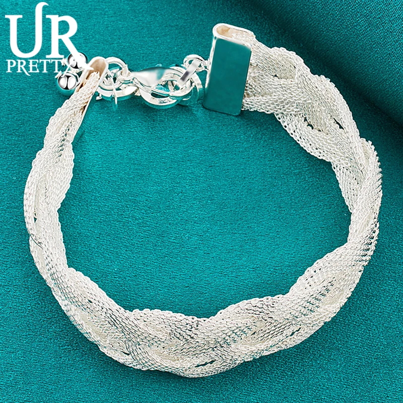 

URPRETTY 925 Sterling Silver Rhombus Weave Chain Bracelet For Man Women Wedding Engagement Charm Jewelry