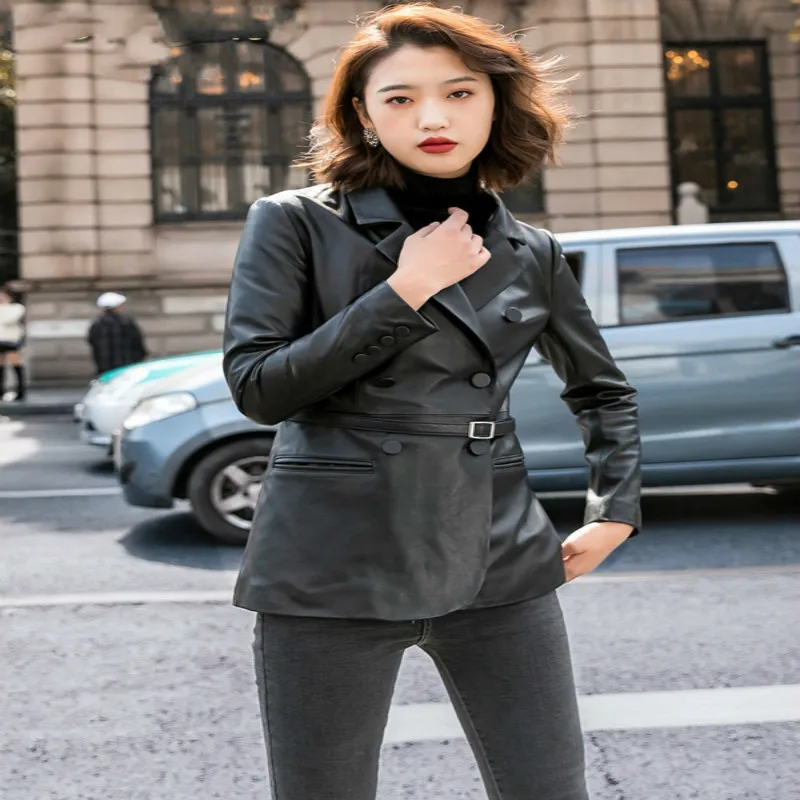 Sonbahar hakiki deri ceket kadın kıyafetleri 2020 moda Streetwear Moto koyun derisi ceket + kemer Chaqueta Mujer 9903 LW732