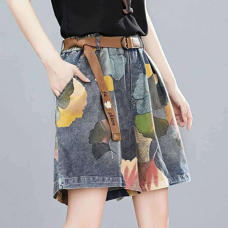 M-XXL Size Jeans Woman High Waist Retro Fashion Denim Shorts Elastic Waist Wide Leg Pants Loose Jean Femme Wide-leg Pant Printed
