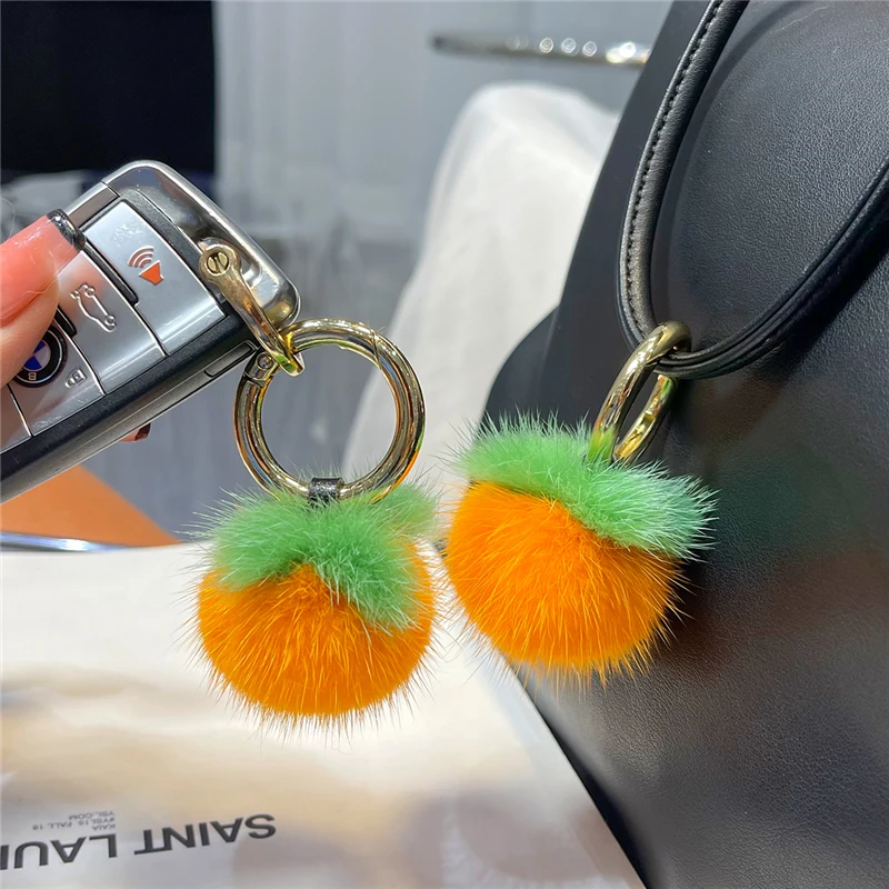 Mini Real Mink Fur Ball Keychain Plush Persimmon Women Bag Jewelry Pendant Ornaments Cute Car Key Metal Ring Fruit Trinkets Gift