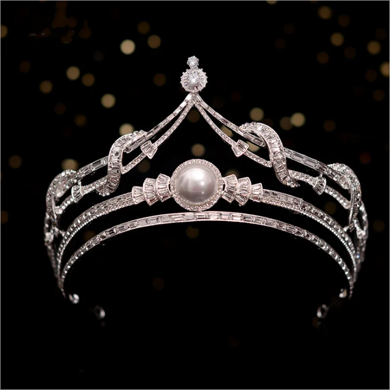 HG014 Luxury classic european baroque crown rhinestone pearl tiara bridal wedding headpiece handmade hair accessory for women