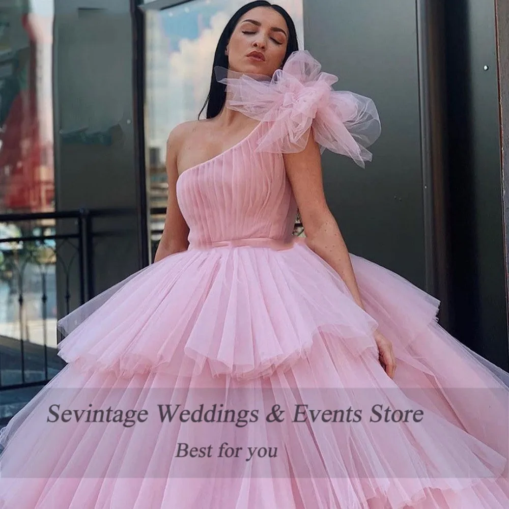 Sevintage Pink One Shoulder Quinceanera Dress Dubai Ball Gown Tiered Pleats Long Formal Prom Gowns Saudi Arabic Sweet 16 Dresses