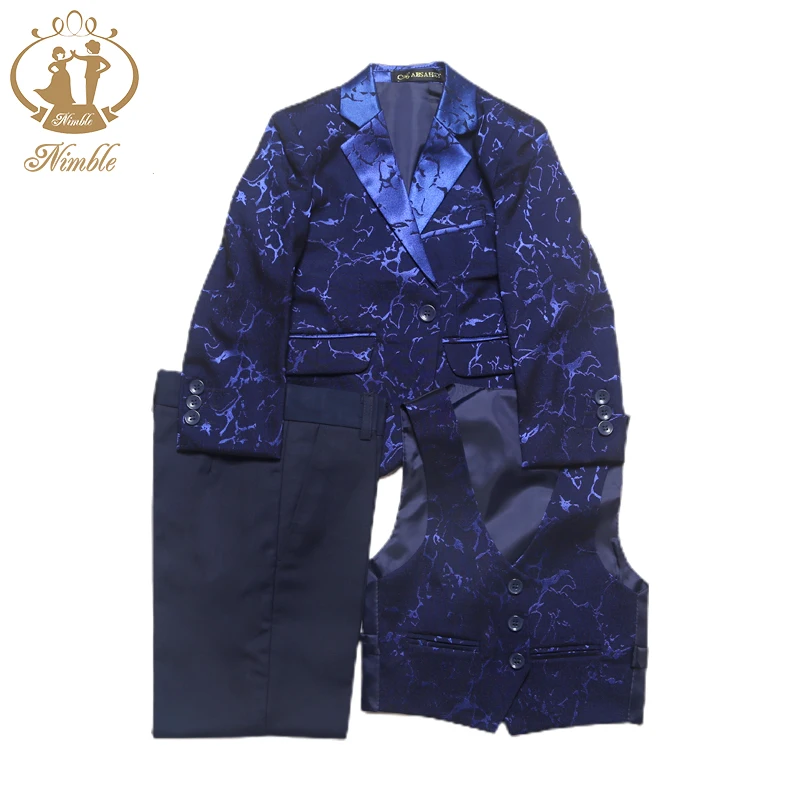 Spring Autumn Formal Kids Wedding Blazer Baby Boys Suit Children Party Host Costume Coat Pants Vest 3Pcs Blue Wholesale Clothing