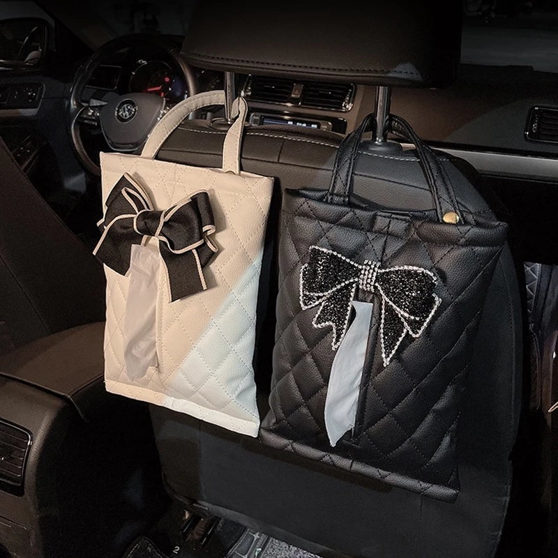 Fashion Diamond Bowknot Car Tissue Box Seat Headrest Leather Paper Tower Holder Auto Interior Organizer Styling Car Accessories