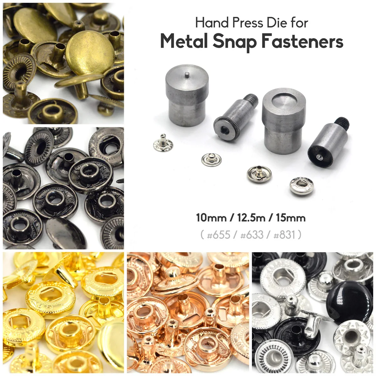 KALASO  #655 #633 #831 1Sets Metal Snap Buttons 10mm 12.5mm 15mm Fasteners And Dies Mould Tool For Hand Press Machine DIY Craft