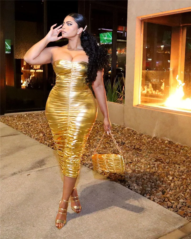 Gold Metallic Club Party Birthday Dress for Women Backless Off Shoulder Ruched Strapless Bodycon Midi Dress Vestido De Festa