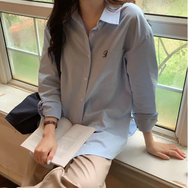 4Colors 2023 spring autumn women's blouse Korean style Letter Embroidery shirt women Loose tops(X1841