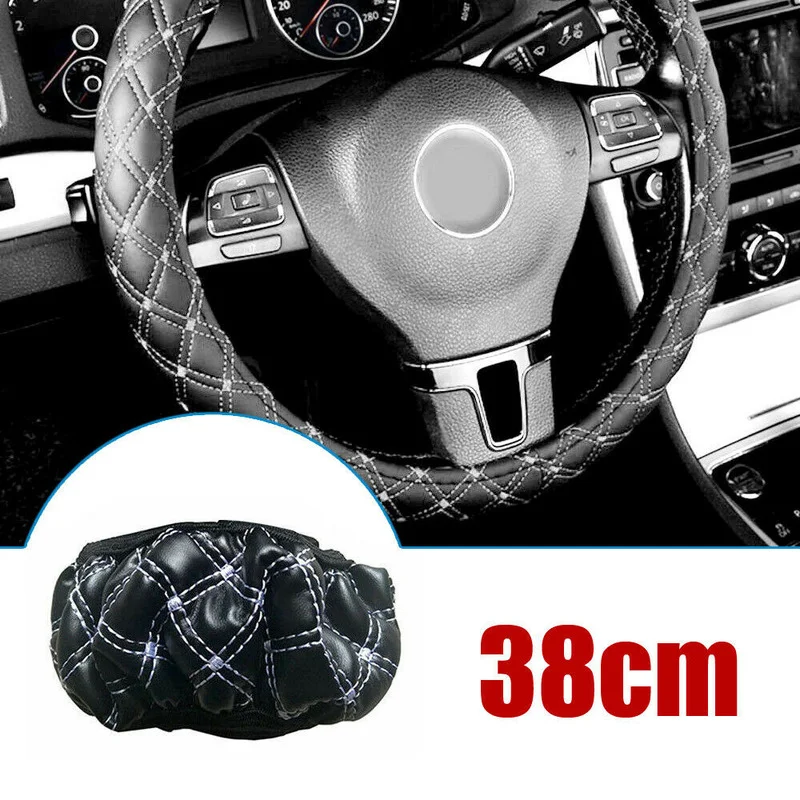 

37-38cm Car Tuning Truck Leather Steering Wheel Cover Universal Non Slip Breathable Black Vintage Interior Parts Car Accessories