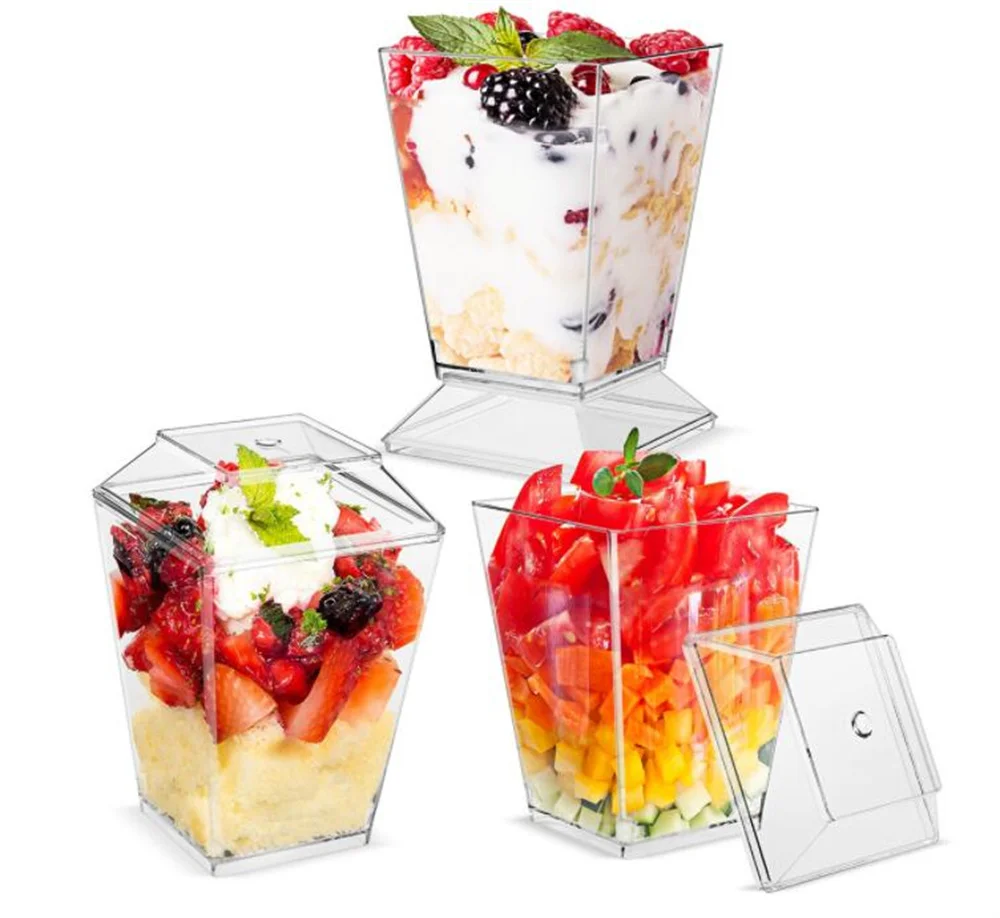 New 300pcs/lot Dessert Cups 5OZ Clear Tumbler Plastic Parfait Tasting Appetizer Bowls Tall Square Shooters