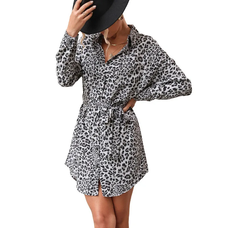 Spring Casual Turn Down Collar Long Sleeve Button Sashes Mini Leopard Shirt Dress Women Short Maternity Dresses Premama Vestido