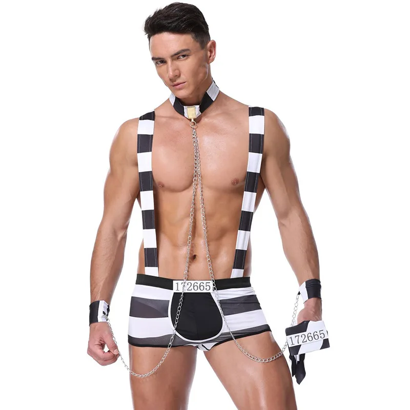 Corzzet Preto/Branco Sexy Traje Prisioneiro Trajes De Halloween Para Homens Adulto Roupas Cosplay Masculino Carnaval Party Club Mens Unifom