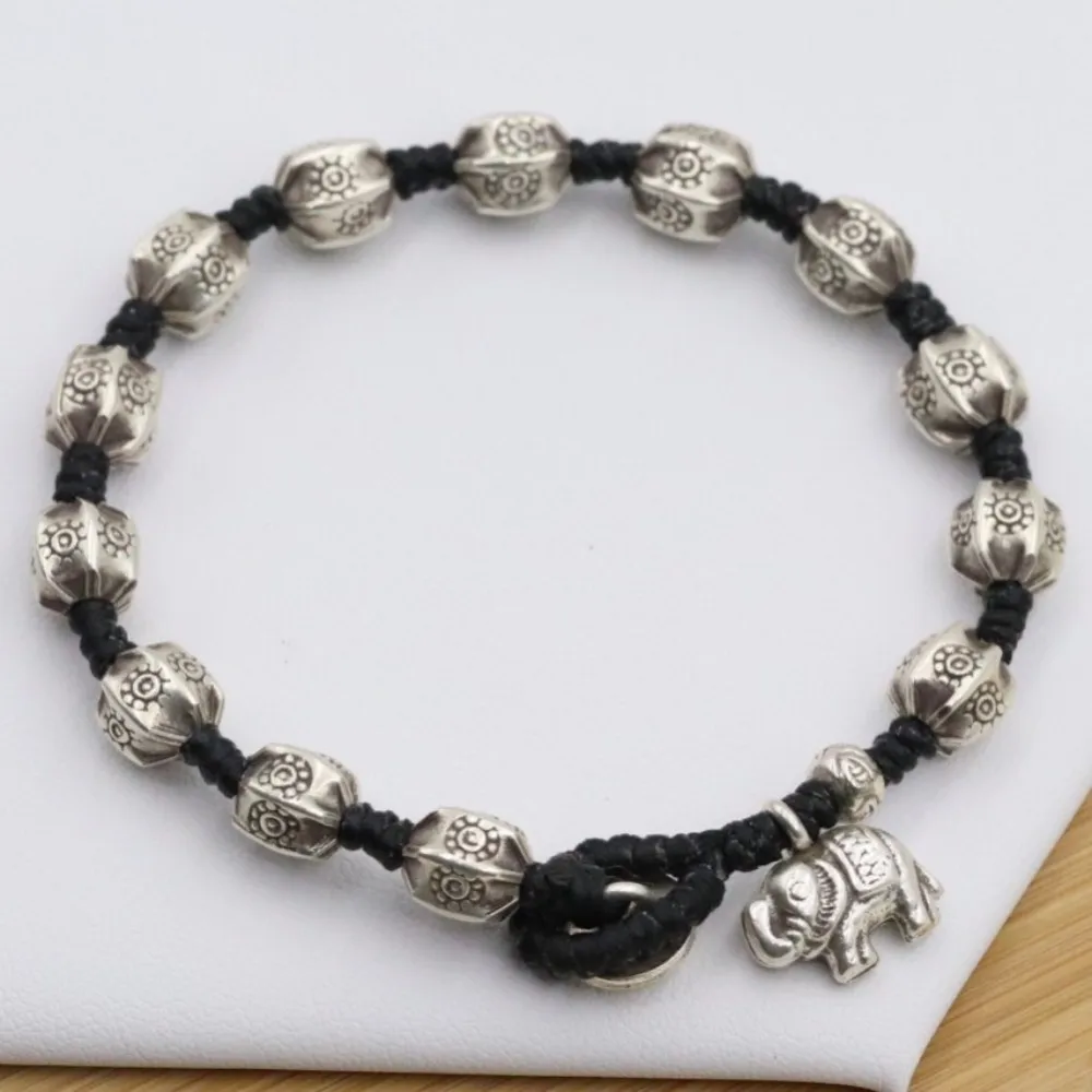 BOCAI S925 Pure Silver Jewelry Elephant Bracelet For Women Wax Rope Hand Woven Bucket Bead Pattern Hand String Free Shipping