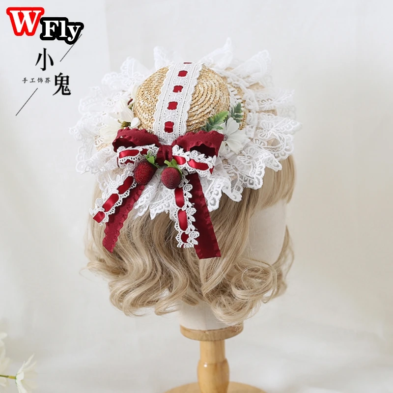 Harajuku Sweet Women Girls Summer Straw hat Beach Sun Hat Handmade kawaii Lolita Princess Lace Bow Straw Hats decorate Headdress