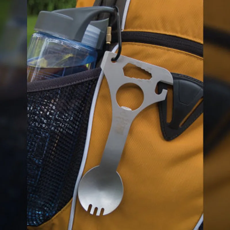 1x Outdoor Multifunctional Tableware Spoon Fork Camping Carabiner Picnic Emergency Can Bottle Opener Wrench Travel Survival Tool