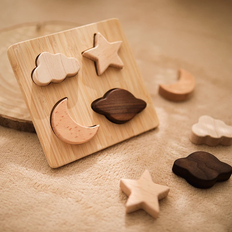 Baby Wooden Montessori Puzzle Stars And Moons Shapes Toys BPA Free Teether Intelligence Developing Games Safety Toddler Gifts