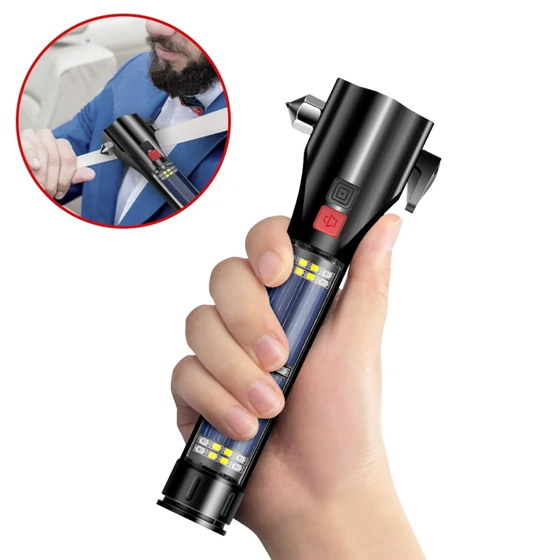 Multi-function Car Flashlight Solar Flashlight USB Rechargeable Tactical with Safety Hammer Emergency Torch Car Tool