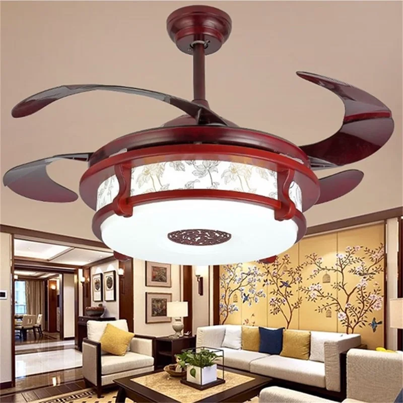 OUFULA Ceiling Fan Light Invisible Red Lamp With Remote Control Modern LED For Home Living Room