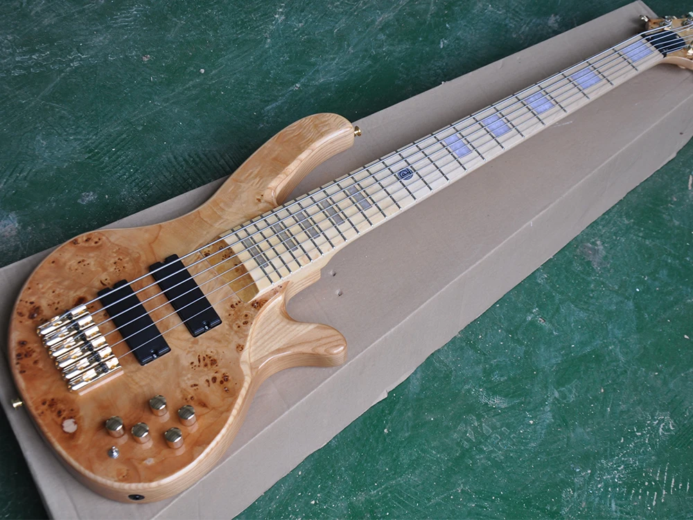 

Natural Wood Color 6 Strings Electric Bass Guitar with Gold Hardware,Burl Maple Veneer,Active Circuit,Maple Fretboard