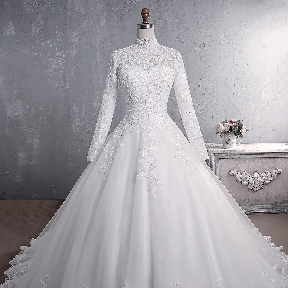 Abito da sposa musulmano 2021 elegante collo alto con treno abito da sposa principessa abito da sposa con ricamo in pizzo di lusso Vestido De Noiva