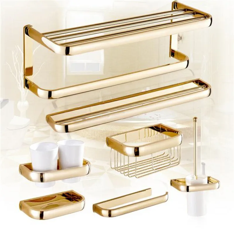 Bathroom Accessories Set Gold Brass Towel Rack Square Paper Holder Soap Basket Towel Rack Glass Shelf Bathroom Hardware Set