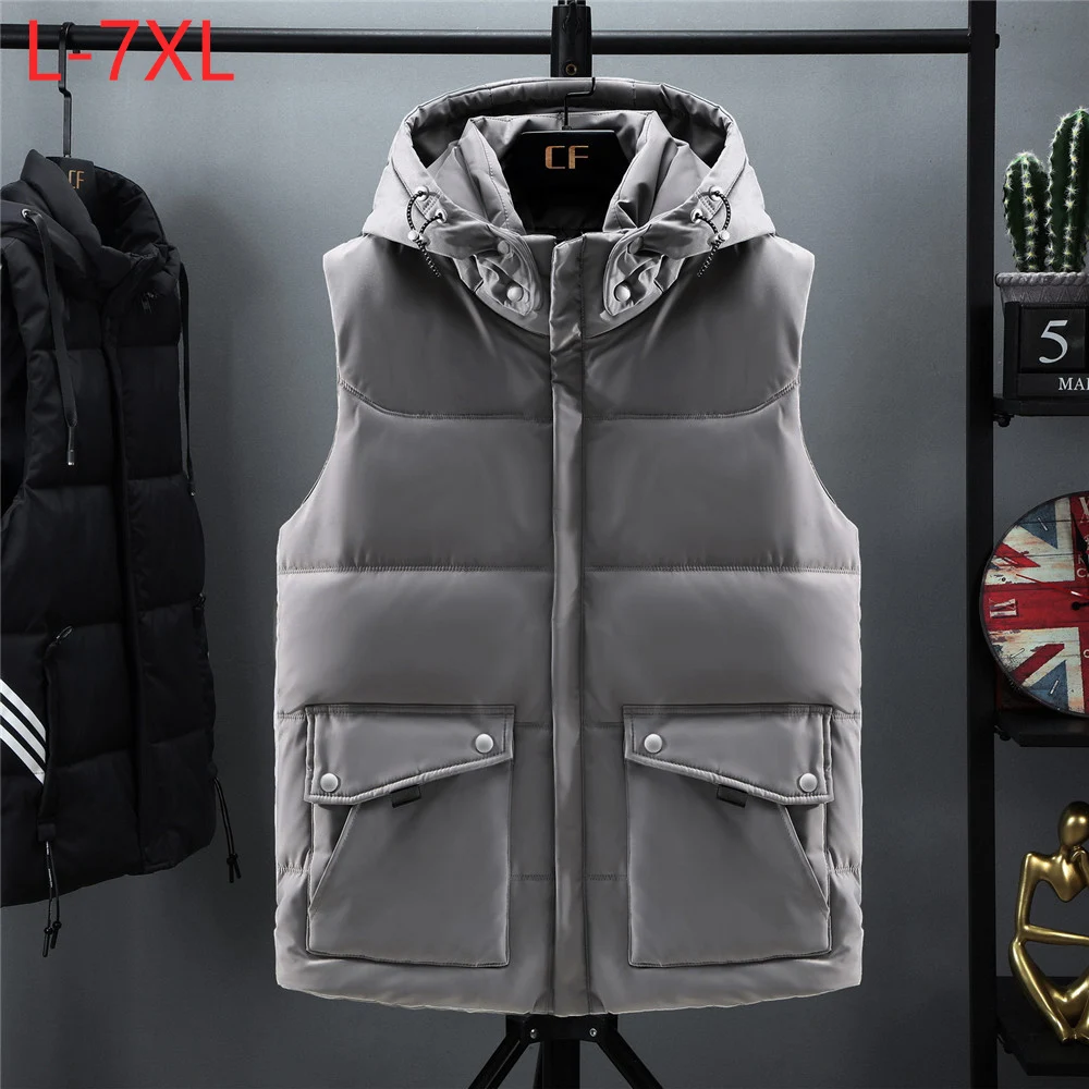 

Men Winter Vest Plus Large Size 7xl Hat Detachable Waistcoat Thick Parka Unloading Sleeveless Jacket Coat for Unisex Travel Vest