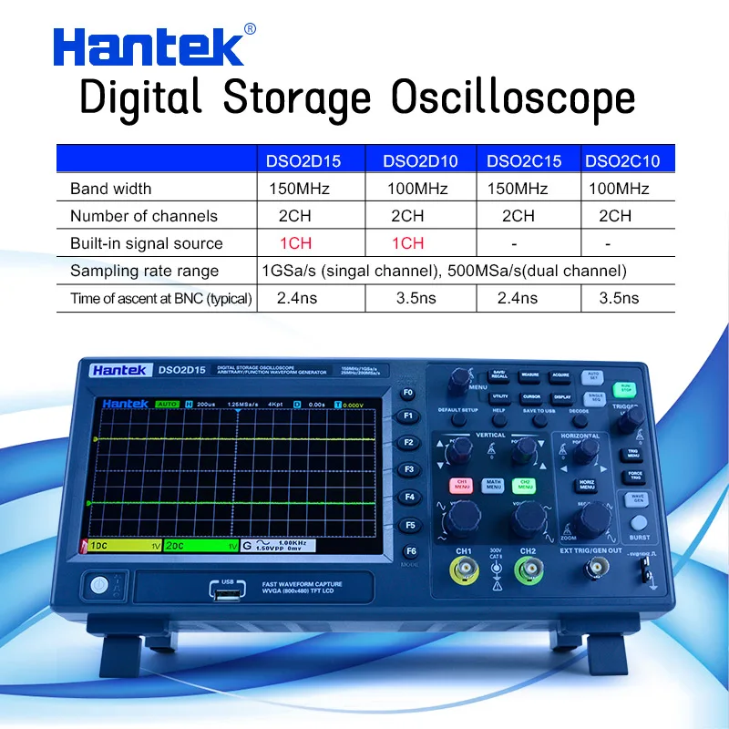 Hantek digital osciloscópio usb 2 canais 100mhz/150mhz dso2c10 2c15 2d10 2d15 armazenamento osciloscopio 1gsa/s taxa de amostra