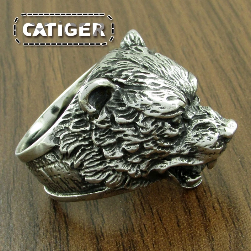 Punk 316L Stainless Steel Bear Animal Ring For Man Silver color Golden Brown Bear Head Ring Jewelry