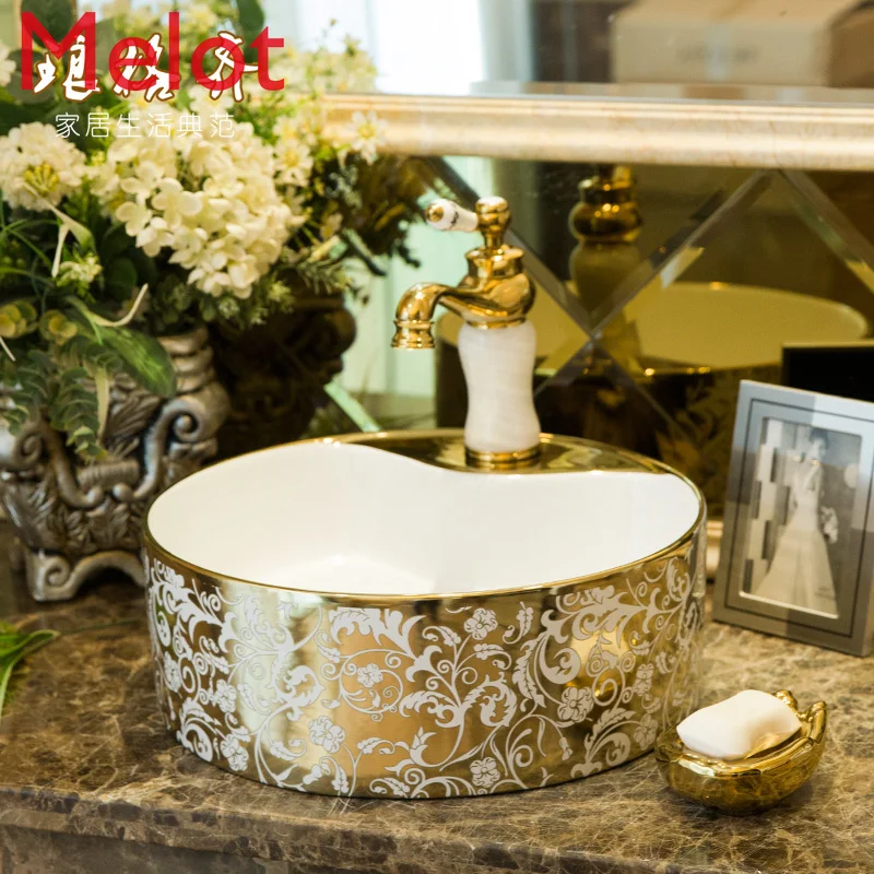 Table Basin Ceramic Basin Gold Craft Washbasin Oval European Style Bathroom Art Basin Gold Painting