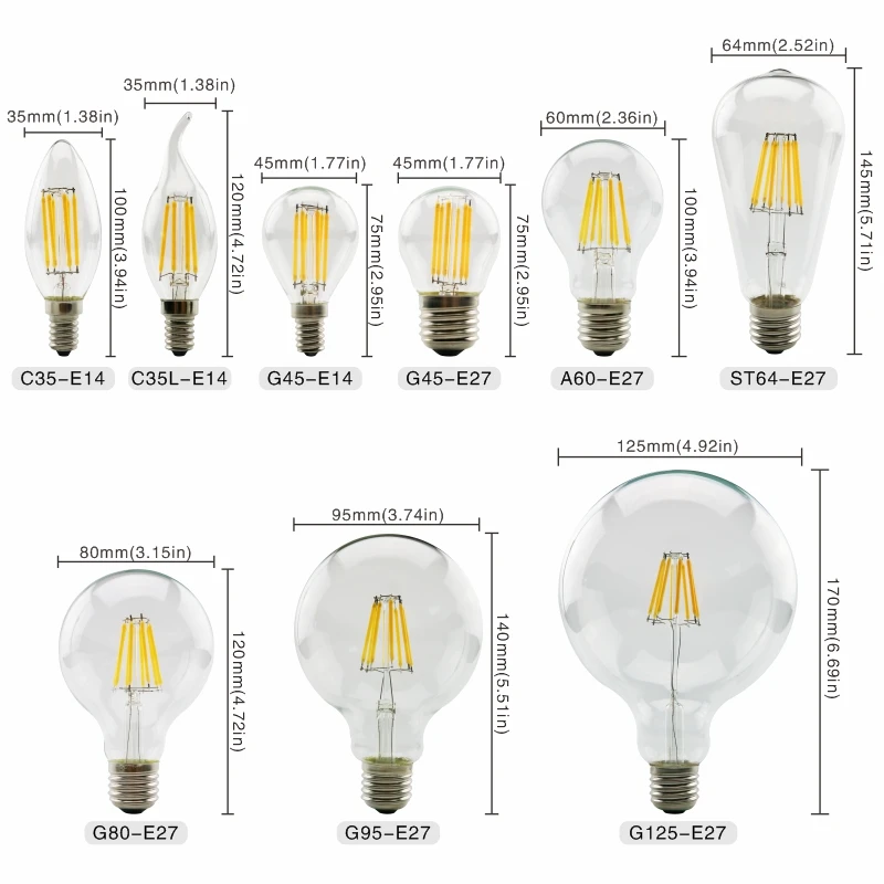 2W 4W 6W 8W E27 E14 Retro Edison LED Filament Bulb Lamp 220V-240V Light Bulb C35 G45 A60 ST64 G80 G95 G125 Glass Vintage Bulb