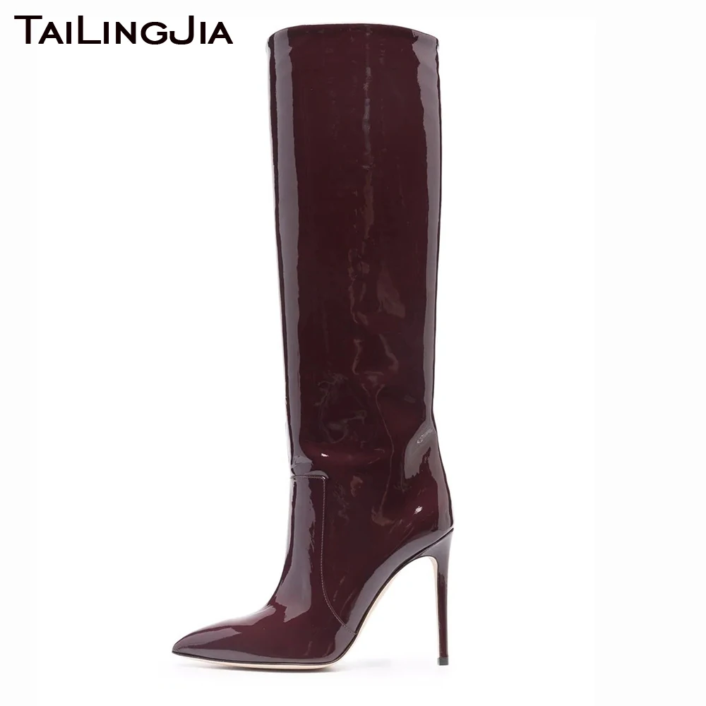 

Women Stilettos High Heel Knee High Boots Sexy Patent Leather Party Footwear for Ladies Pointed Toe Winter Long Boot Plus Size