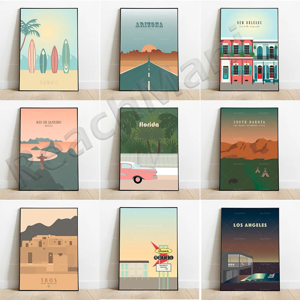 Kansas, Tennessee, Florida, Arizona, Los Angeles, South Dakota, San Francisco, Taos, New Mexico, Rio de Janeiro travel posters