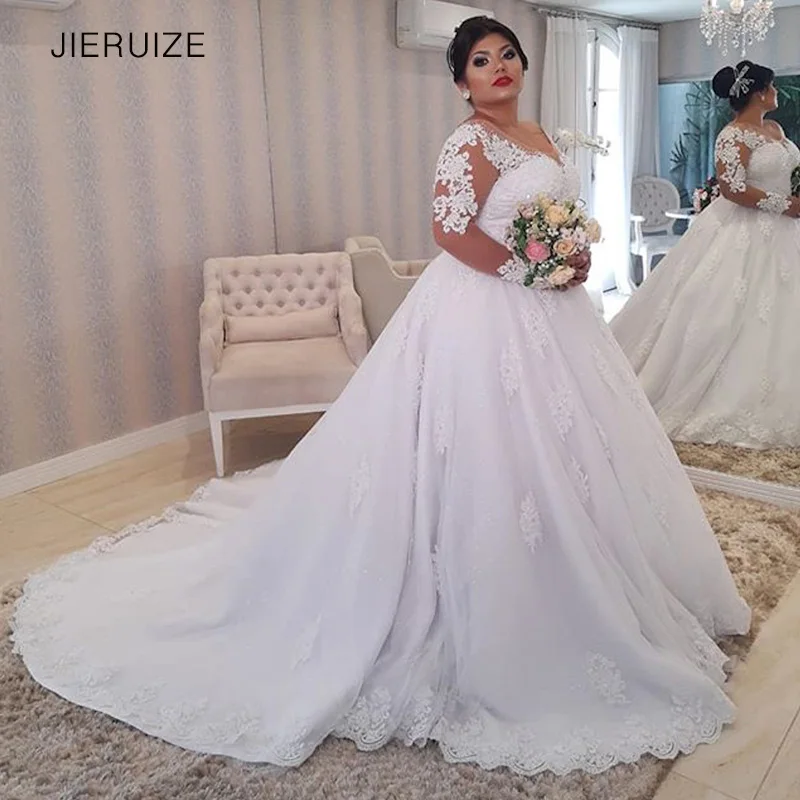 JIERUIZE Weiß Spitze Appliques Plus größe Hochzeit Kleider Lange Ärmel Lace Up Zurück Brautkleider Braut Kleider robe de mariee