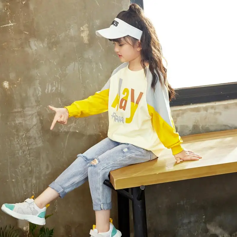 High Quality Girls Long Sleeve Casual T-shirt Children's Fall Clothes Teenager Kids Fashion Spliced Spring Sweatshirt 6-15Y P118